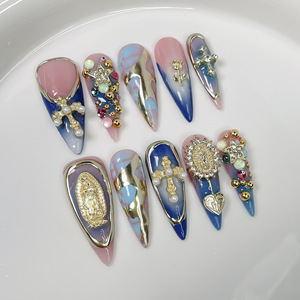 <span class=keywords><strong>Uñas</strong></span> <span class=keywords><strong>Postizas</strong></span> Acrílicas Hechas a Mano, Estilo Francés, con Diseño de Flores Talladas, 10 Piezas, Cobertura Completa, Pre-Adhesivas - Product Image 5