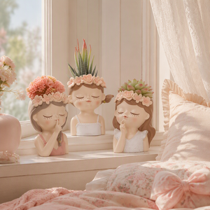Juego de 4 Macetas de Resina con Forma de Cabeza de Chica, Maceta para Suculentas con Corona de Flores, Decoración Kawaii para el Hogar, Figura Decorativa, Regalo Artístico al por Mayor, Decoración para Dormitorio OEM - Product Image 2
