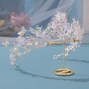 ブライダルクラウン バロックパール ラインストーンクラウンとティアラ バタフライヘアバンド ウェディングヘアアクセサリー プリンセスクラウン 花嫁ティアラ - Product Image 2