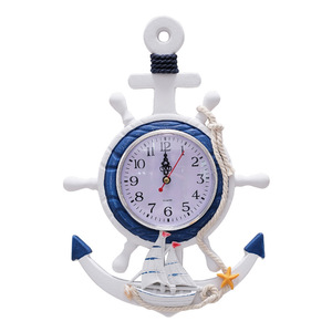 Mediterranean Style Ship Wheel Anchor Wall <b>Clock</b> Blue <b>White</b> Nautical Decor Battery Powered Single Sided - Product Image 3