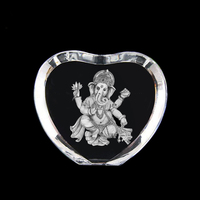 Statues de Ganesh en gravure laser 3D, base en verre cristal en forme de cœur avec lumière LED pour cadeaux religieux