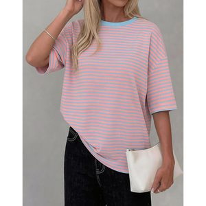 T-shirt rayé à manches courtes et col rond pour femme, haut d'été en coton tricoté surdimensionné, tenue décontractée - Product Image 3