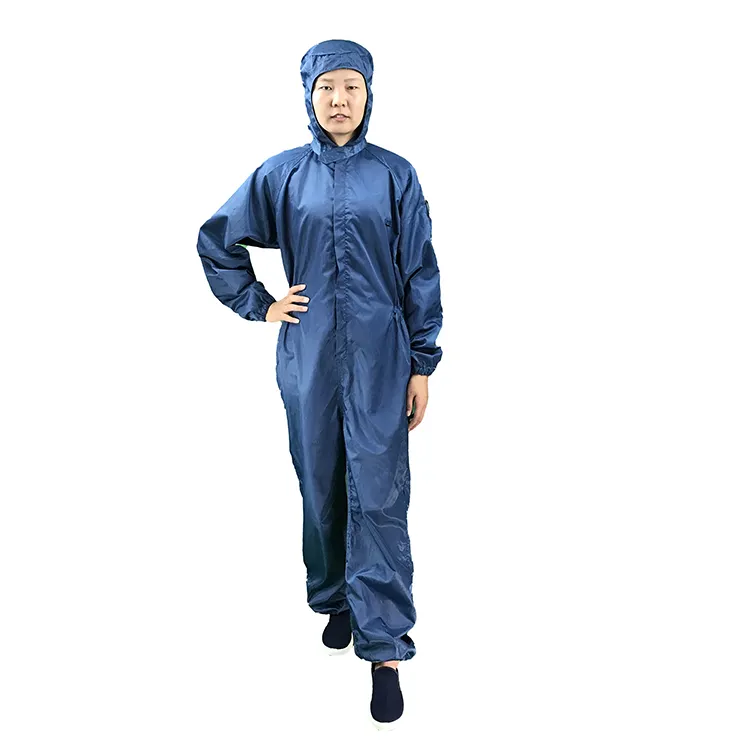 98% Polyester 2% Conductive Wire Cleanroom Antistatic Workwear Washable ESD Navy Blue ESD Coveralls Smock