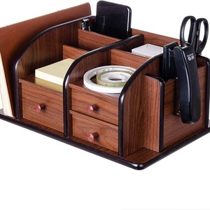 Wooden Desktop Organizer With <b>Drawers</b> And Compartments For Office Supplies Storage Rectangle Shape Standing Type - Product Image 1