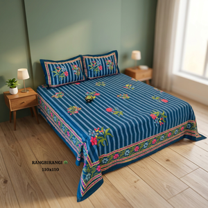Parure de lit en coton très demandée, imprimée par décharge, avec taies d'oreiller, style Jaipur, pour usage domestique et hôtelier - Product Image 3