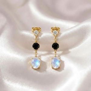 Natural Rainbow Moonstone <b>Black</b> Obsidian Drop <b>Stud</b> <b>Earrings</b> with CZ Accent in 925 Sterling Silver Elegant Gemstone Dangle - Product Image 3