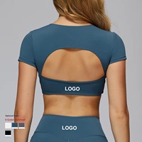 ملابس رياضية نسائية مخصصة عالية الجودة بتصميم مريح وياقة على شكل V وأكمام قصيرة لليوغا والجري واللياقة البدنية