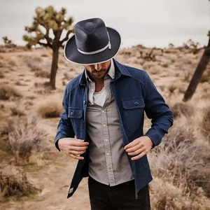 Elegant <b>Navy</b> Blue Woven Straw Fedora <b>Hat</b> for Men Breathable Wide Brim Summer Dress <b>Hat</b> with Grosgrain Trim - Product Image 2