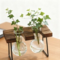 Vente en Gros Vase en Cristal Art Déco Design de Fleur Amusant avec Support en Bois Terrarium Debout pour Maison Mariage Table Hydroponique