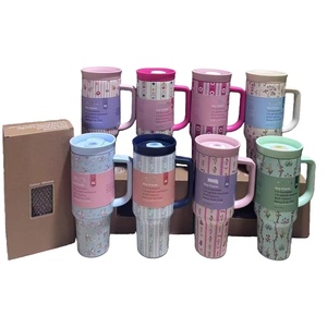 Nouvelle arrivée, bouteille d'eau ovale de luxe à fleurs, sans BPA, 40 oz, gobelets isothermes avec poignée, couvercles et paille, vente en gros pour les voyages en voiture - Product Image 1