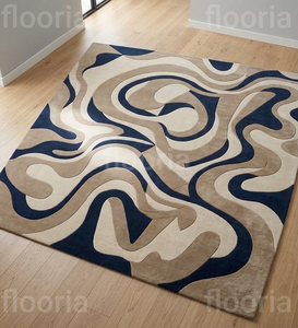 Tapis moderne abstrait rectangulaire en laine et acrylique, tufté, moelleux, antidérapant, pour la décoration du salon, motif bleu beige - Product Image 5