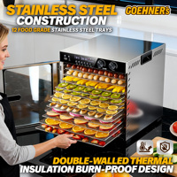 12-bakjes commerciële voedseldroger 1100W 30-90°C temperatuurregeling 0-48 uur timer SUS304 voor vlees, fruit, groenten, voedseldehydrator