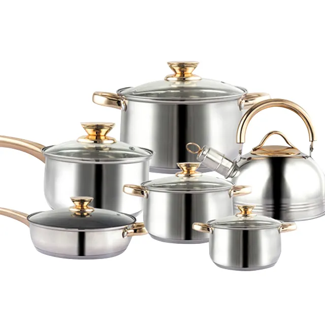 12pcs High Quality kitchen Cooking Pot Set Stainless Steel Cookware with Frying Pans & Whistling Kettle