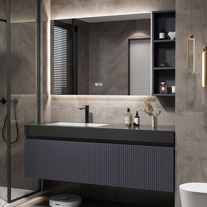 Smart Lighting Stone Slab Ceramic Seamless Integration One-Piece Basin Solid Wood Bathroom Cabinet - Product Image 2