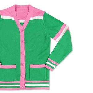 Suéter Cárdigan Verde de Punto para Mujer, Estilo Universitario, con Rayas Rosas y Blancas, Cuello en V, Manga Larga, Venta al Por Mayor - Product Image 3