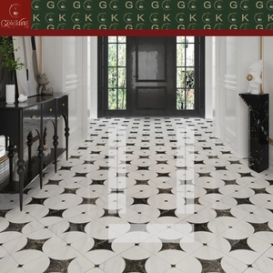 GOLDKING Revêtement <span class=keywords><strong>de</strong></span> sol intérieur <span class=keywords><strong>de</strong></span> luxe, <span class=keywords><strong>motif</strong></span> médaillon en marbre <span class=keywords><strong>blanc</strong></span> <span class=keywords><strong>et</strong></span> <span class=keywords><strong>noir</strong></span> découpé au jet d'eau, découpe sur mesure, fourniture pour grands projets - Product Image 2