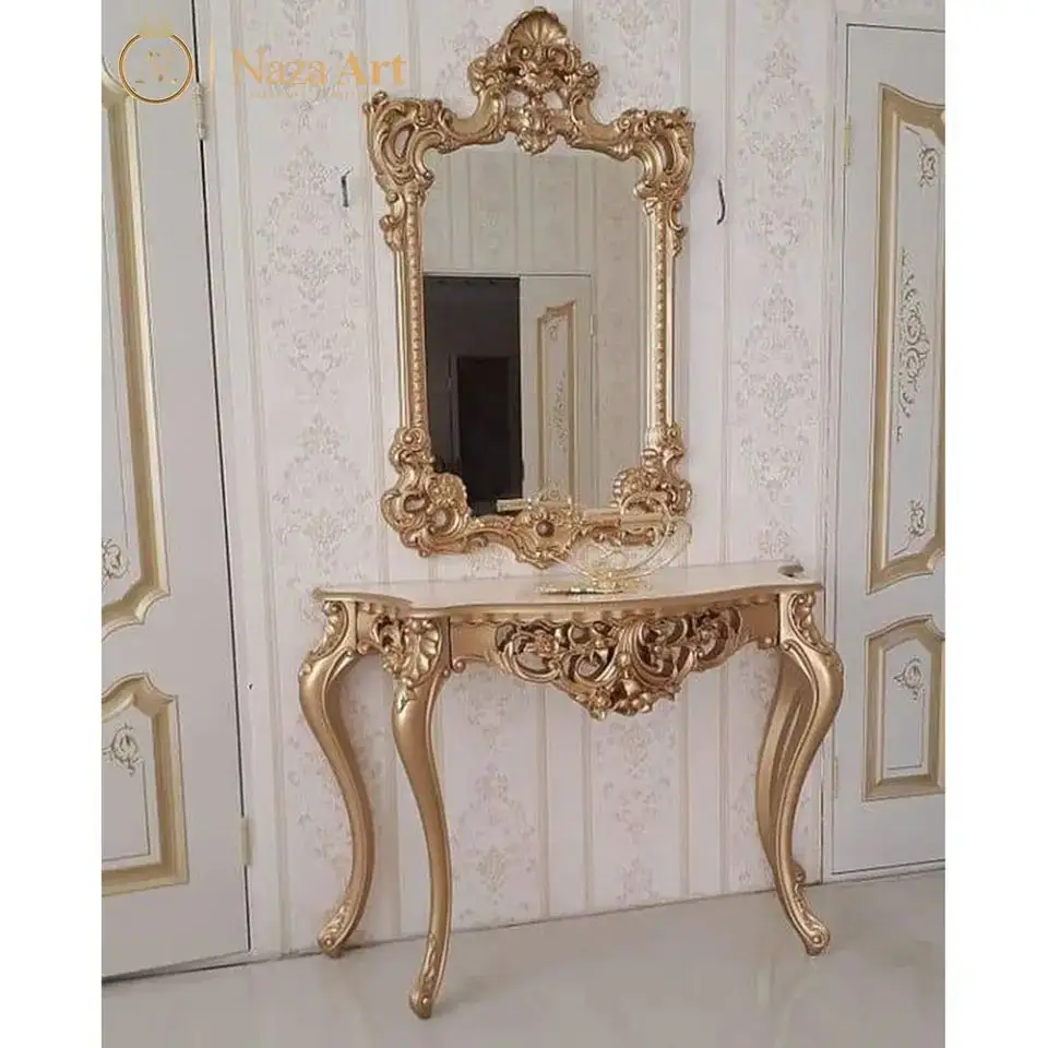 Konsol gaya Italia emas mewah, furnitur ruang tamu meja lorong lapisan cermin warna emas kualitas tinggi