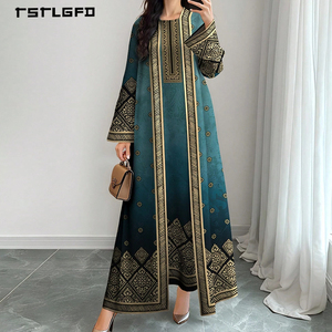 Vestido Maxi Étnico Azul Turquesa para Mujer, con Estampado Dorado, Mangas Acampanadas, Cuello Redondo, Diseño Geométrico Floral, Estilo Árabe Musulmán Modesto - Product Image 2