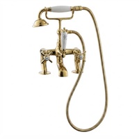Robinet de baignoire rétro à montage sur pont, finition brossée, avec poignée en céramique en forme de croix et douchette à main pour salles de bain de villas