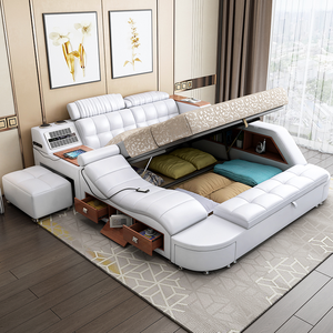 Hotsale da sang trọng giường thông minh đa chức năng giường Tatami Vua Kích thước nền tảng bọc vải mềm GiườNg Lưu trữ âm nhạc loa - Product Image 4