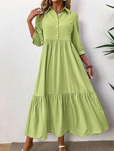Robe décontractée vert clair à volants avec col boutonné devant et manches trois quarts, parfaite pour le printemps et le quotidien - Product Image 3