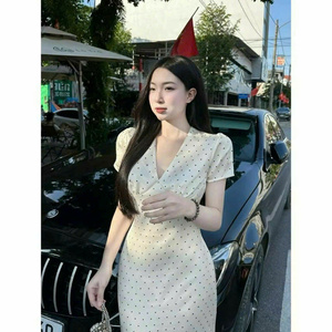 Vestido Maxi Casual con Cuello en V y Estampado de Puntos Blancos, Vestido de Fiesta con Escote Cruzado y Estampado de Puntos Vietnamita, Tela de Chifón Suave - Product Image 3