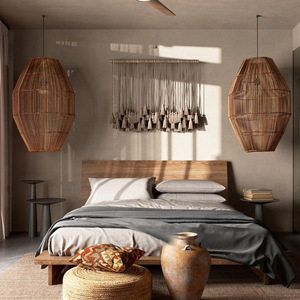 Lampe suspendue en rotin de style Wabi Sabi, ovale, lumière LED E27, couleur chocolat, pour chambre à coucher, salon, salon de thé - Product Image 1