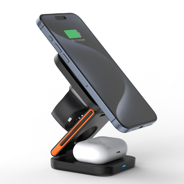 Foldable Portable Wireless Magnetic Charger Station 15W Fast Mobile Phone Charger Folding 3 in 1 Desktop Charger Stand