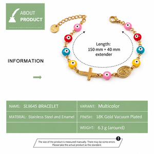 Multicolor <b>Bead</b> Charm <b>Bracelet</b>, Stainless Steel and Enamel, 18K Gold Vacuum Plated, Blue, Black, and Multicolor Options - Product Image 2