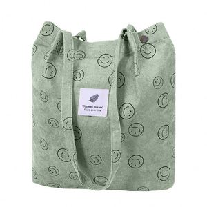 Sac fourre-tout en velours côtelé mignon avec imprimé visage souriant, sac à main esthétique de grande capacité, sac à bandoulière souple vintage pour les voyages et l'école - Product Image 3