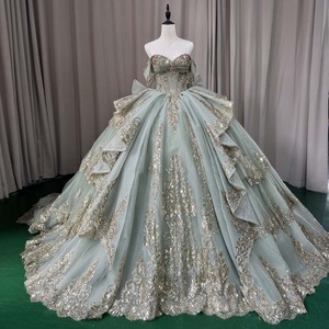 Jancember MCT020 Elegante Abito Verde Menta <span class=keywords><strong>per</strong></span> Quinceañera con Scollo a Cuore, Pizzo Dorato e Fiocco - Product Image 1