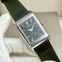 Jam Tangan Mekanik Pria Mewah Vintage Bentuk Persegi Panjang dengan Dial Detik Kecil, Tali Kulit Hijau Tua untuk Acara Formal