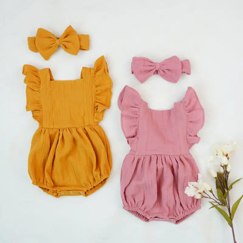 Girls Bow Headband Simple Outfit Muslin Cotton Dress Fashion Romper Short Sleeve Baby Solid Bodysuit