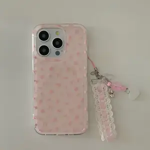 粉色手机小花挂链时尚硬盒适用于iPhone 15 Pro 14 13 12 Pro Max