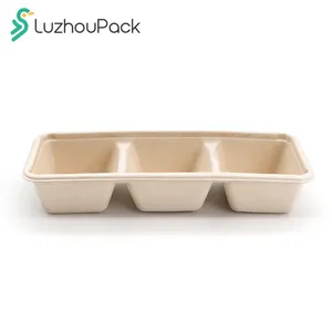 LuzhouPack 3格可生物降解一次性餐具甘蔗渣纸开胃盒带盖酱杯