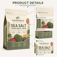 Sachet refermable de qualité alimentaire supérieure, imprimé sur mesure, pour chips de légumes au sel marin, fond plat, scellé sur huit côtés