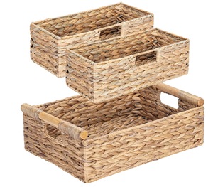 2022 recién llegado, cesta tejida Rectangular de jacinto de agua, cesta de almacenamiento de paja grande pequeña hecha a mano, manijas de madera, patrón de PC