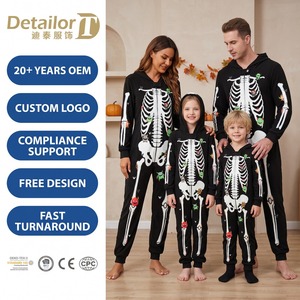 Premium Karanlıkta Parlayan Cadılar Bayramı Eşleşen Pijama Takımı İskelet Baskılı Yüksek Yoğunluklu Örme Tulum AQL 1.0 Kalite Kontrolü OEM - Product Image 1