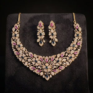 Parure de bijoux de luxe en laiton et zircon, collier ras-du-cou et boucles d'oreilles plaqués rhodium rose et bleu, style mariage américain, bijoux de mode pour femme - Product Image 1