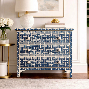 Modern Geometric Solid Wood Sideboard <b>Chest</b> of Drawers Blue White Accent <b>Storage</b> Cabinet for Dining Room Living Room Bedroom - Product Image 1
