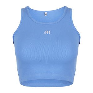 2023 OEM Custom Summer Slim Fit Short Shirt Sexy Women senza maniche U Croptops canotte Solid Blue Black Pink Crop top Vest - Product Image 3