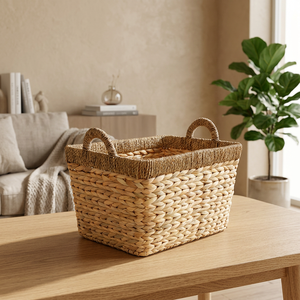 Natural Water Hyacinth <b>Storage</b> <b>Baskets</b> <b>Rectangle</b> With Handles Rustic Multi Purpose Neatening Organizers - Product Image 5