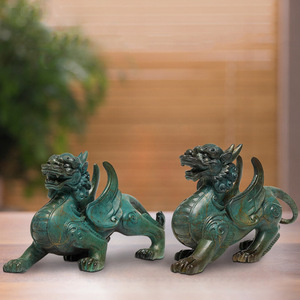 Pixiu Figurines Pair Verdigris Color Handmade Office Decor Sculptures - Product Image 2