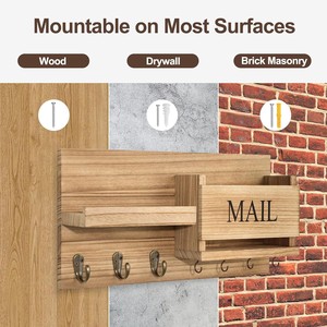 Wooden <b>Wall</b> <b>Mounted</b> Entryway Key Rack Mail Organizer With Hooks And <b>Shelf</b> For Home Door Storage Natural Wood Color - Product Image 4