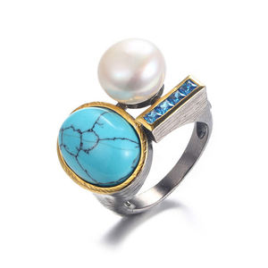 100% Reale barocco d'acqua dolce tasto Della Perla Anello, 925 Sterling <span class=keywords><strong>Silver</strong></span> Ring Con Sintetica Del Turchese/Blu Zircone - Product Image 1