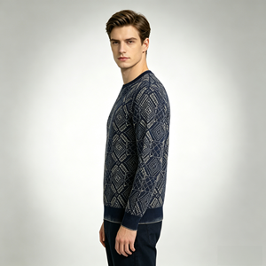 <b>Men's</b> Knitted Sweater Pullover Crew Neck Geometric Pattern <b>Indigo</b> Wash Long Sleeve Autumn Wear - Product Image 2