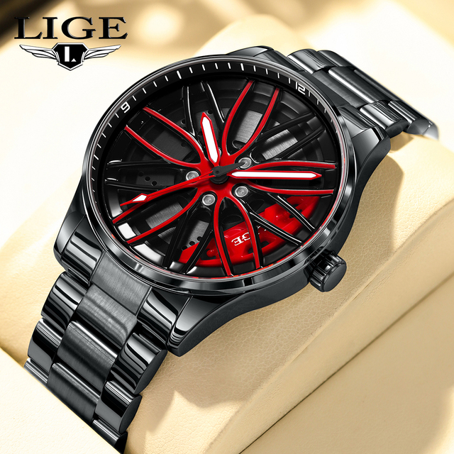LIGE LG89177 Car Wheel Rim Steering Watch for Man Rotating 3D Sports Car Men Watches Quartz Waterproof Wheel Wristwatch Reloj