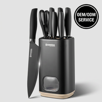Ensemble de couteaux de cuisine durables en acier inoxydable à bord droit, revêtement antiadhésif noir, acier allemand, 7 pièces, OEM avec logo personnalisé