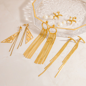 Pendientes colgantes con borlas geométricas de acero de titanio de color oro de 18 quilates para mujer, joyería de fiesta EH11804 - Product Image 1