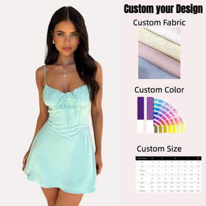 Robes pour femmes sexy à fines bretelles, mini-robe élégante sans manches, dos nu, taille élastique, tissée, lavable - Product Image 1